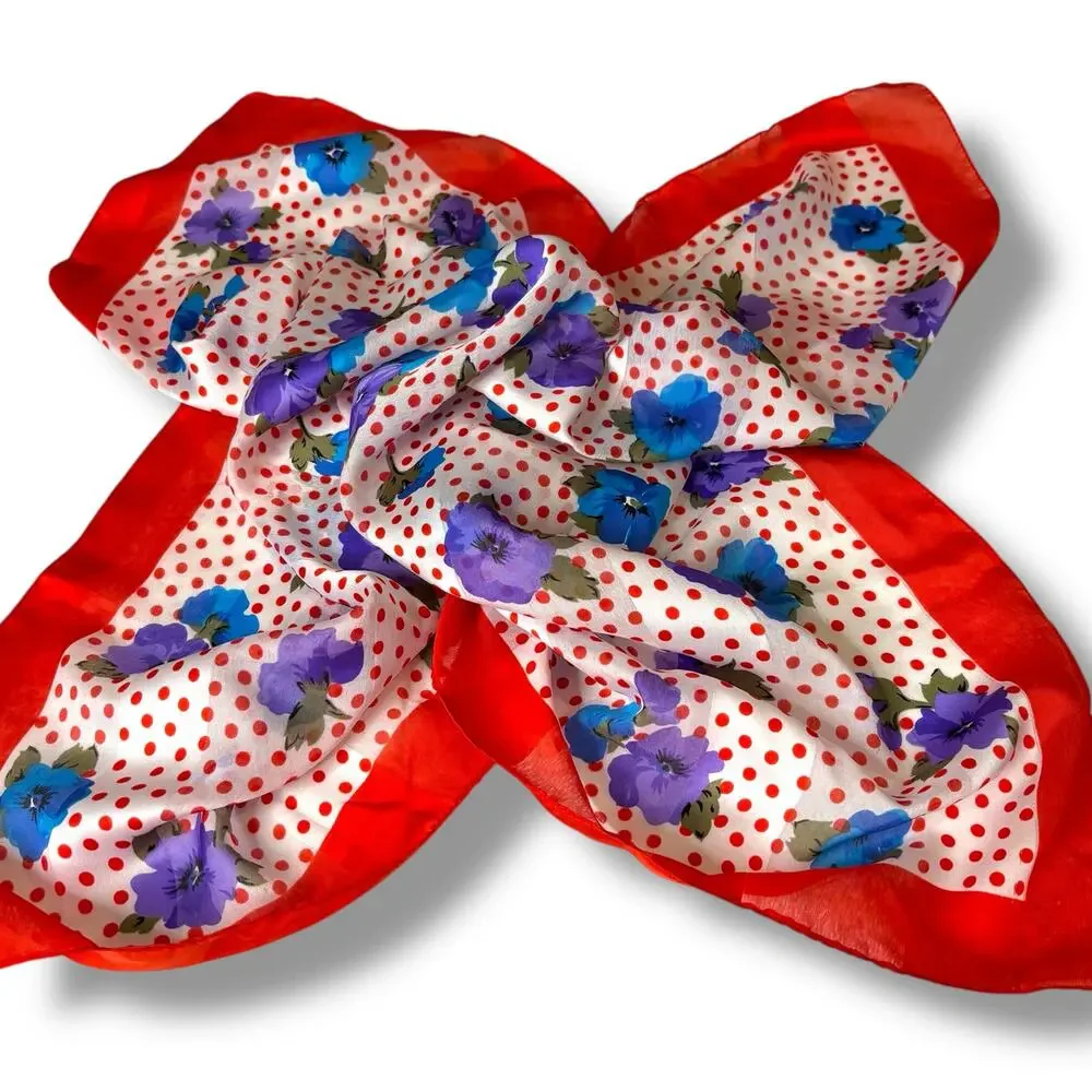Red & White Scarf with Blue and Purple Flowers